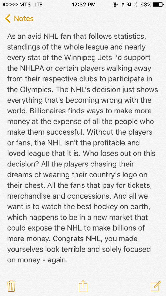 jmuir9's tweet photo. Just an avid NHL/@NHLJets fan's thoughts on the @NHL decision to not participate in the next #Olympics. @NHLPA https://t.co/X2dWLqWzwJ