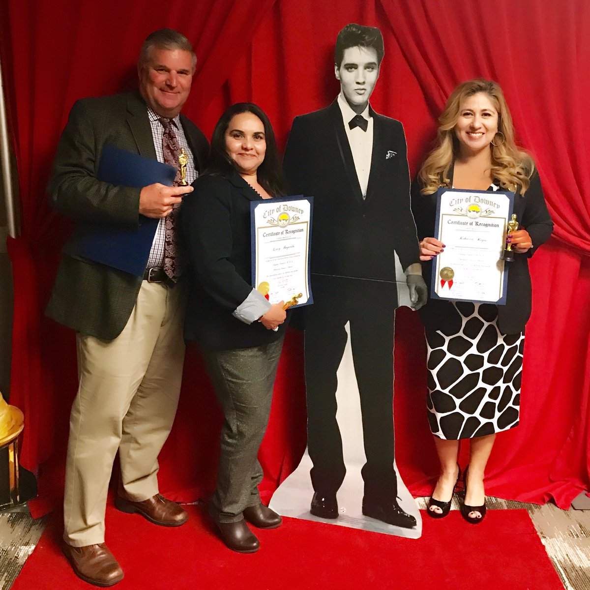 downeyhighptsa's tweet photo. PTA award winners: Tom Houts - CSA, Lucy Bayardo - HSA,  #ELVIS standing in for Norma Rodriguez - CSA &amp; Rebecca Reyes - CSA. Congrats!! 🏆 https://t.co/8Jc19EhREW