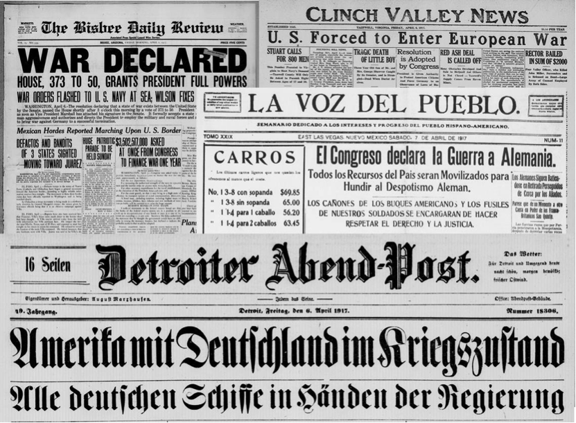 librarycongress's tweet photo. See how US newspapers covered the story of American entry into World War I #ChronAm https://t.co/gGGgSWDoPE #ww1 https://t.co/jpM9wezFJb
