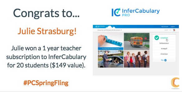 PledgeCents's tweet image. Congrats to Julie Strasburg for winning a subscription to @InferCabulary in our latest contest, #PCSpringFling! #edchat #teaching #edtech