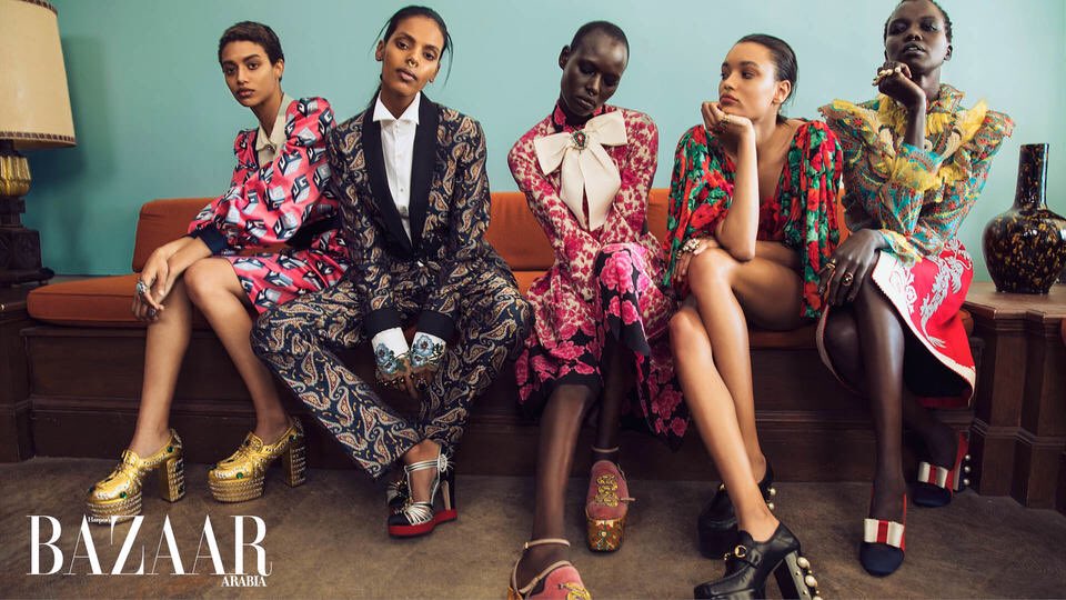 nicolasvillar12's tweet photo. Lameka Fox, Grace Mahary, Ajak Deng, Jourdana Phillips and Nykhor Paul are wearing @Gucci on Harper's Bazaar Arabia, April 2017 #Editorial https://t.co/ygnQGJyNUD