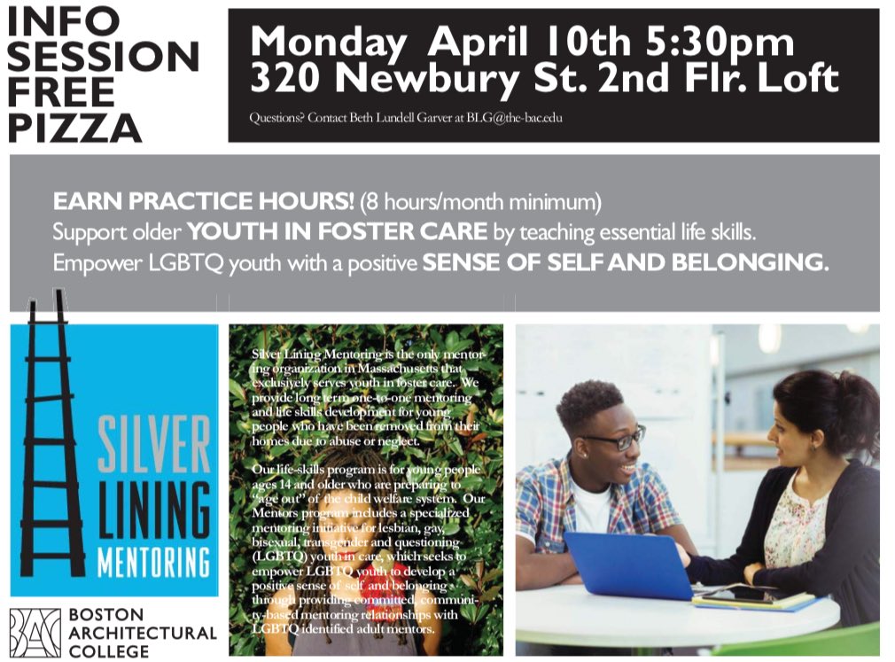 blg_arver's tweet photo. Join us Mon 4/10 at 5:30pm to support life skills development for foster care youth! Free pizza! @SLMyouth @TheBACBoston @BACStudentLife https://t.co/ofZGN9xNME
