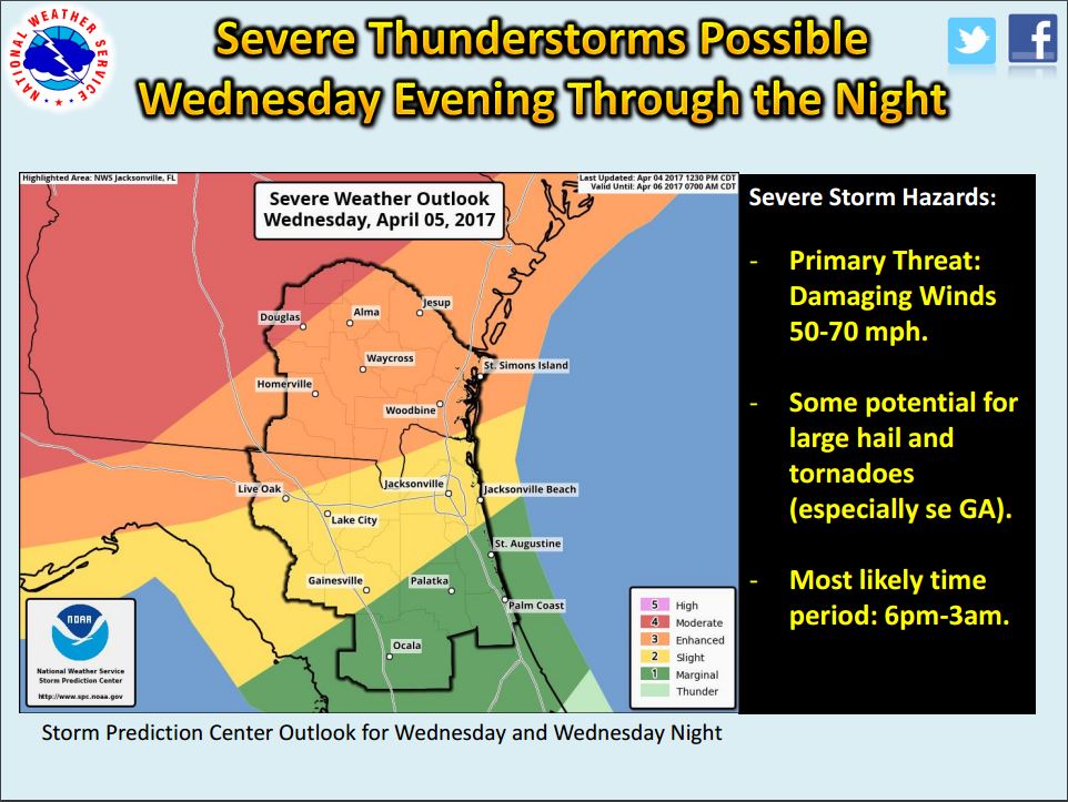 UFPublicSafety's tweet photo. Please plan accordingly. The @NWSJacksonville has reported increased severe weather risk for tomorrow evening / night including @uf campus. https://t.co/xvlh0XZyv6