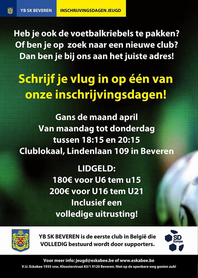 Vanaf nu starten de inschrijvingen voor de jeugd voor het seizoen 2017 - 2018.

Meer info? Contact via: jeugd@eskabee.be
#Beveren #YBSKB