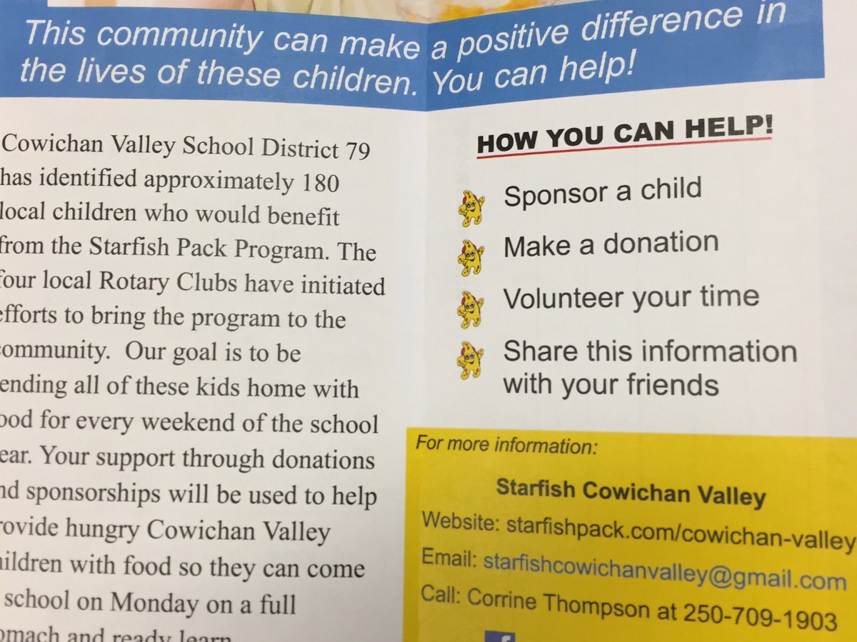 debbiemah's tweet photo. Amazing #StarfishPack program started by our local #rotary #cowichanvalley supporting 180+ hungry students! #sd79learns #community https://t.co/T1pxJbkooP