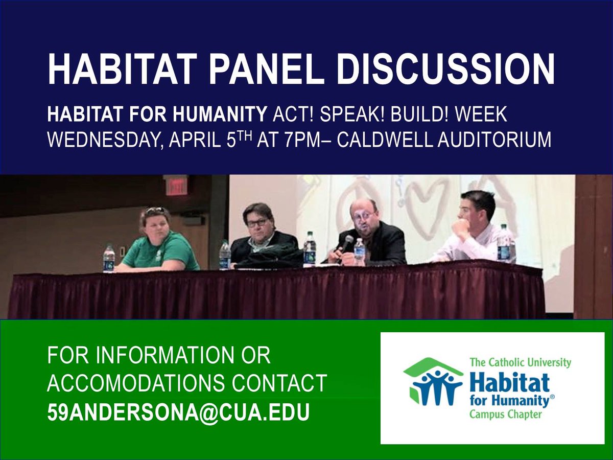 CUAHabitat's tweet photo. Make sure to come out to our advocacy panel tomorrow night at 7 in Caldwell Auditorium! https://t.co/5PW4dcbxpd