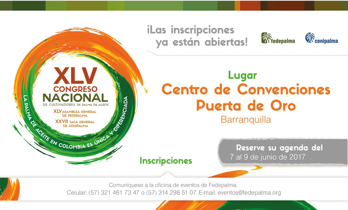 LaPalmaEsVida's tweet photo. El Centro de Convenciones Puerta de Oro en Barranquilla será la sede de la versión XLV Congreso Nacional de Cultivadores de Palma de Aceite https://t.co/mNSoTmQwWq