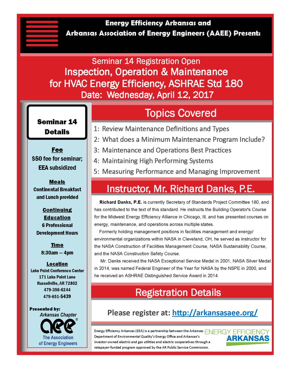 <a href="/ARenergy/">ARenergy</a> &amp; <a href="/ArkansasAEE/">Arkansas AEE</a> will host a seminar 4/12 on inspection, operation &amp; maintenance for HVAC Energy Efficiency ow.ly/kFZe30aynP5