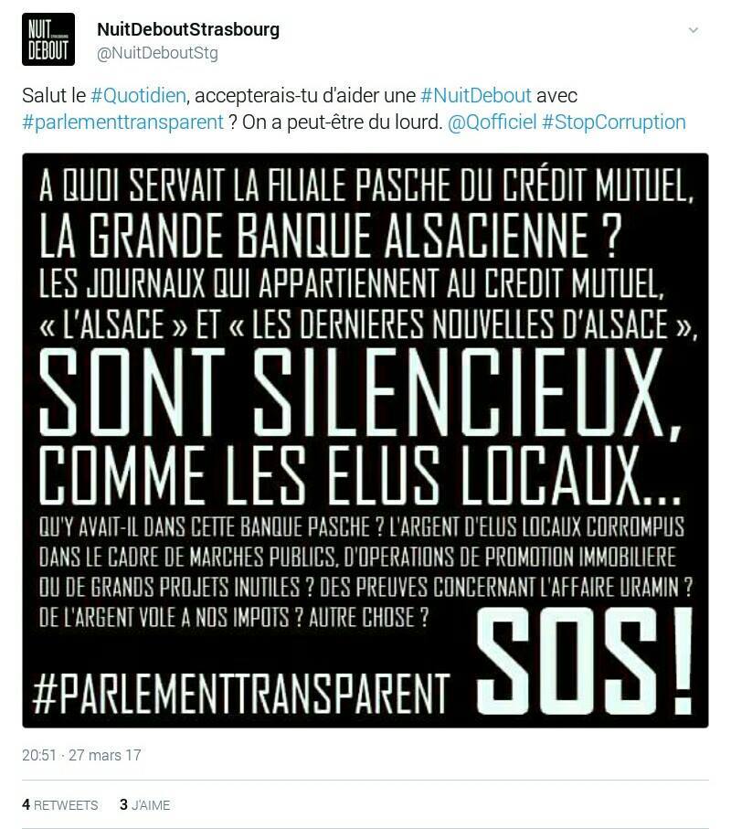 NuitDeboutStg's tweet image. Y a-t-il un client de la banque #Pasche parmi les participants ? #LeGrandDebat #Quotidien #parlementtransparent #NuitDebout #StopCorruption