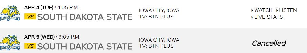 IowaEvent's tweet image. Baseball vs. South Dakota State tomorrow (Wednesday) is cancelled. A single game will still be played today @ 4PM