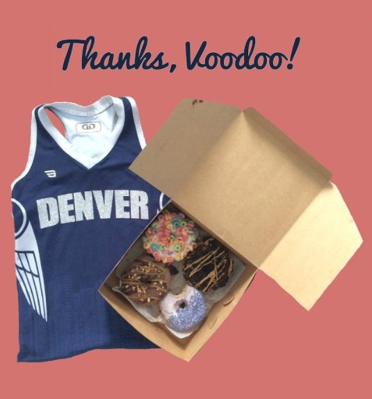 DNVRRollerDerby's tweet photo. Nothing goes better together than doughnuts and derby. Thanks @VoodooDoughnut #drdmvp #derbywithaltitude https://t.co/lfblQNujiz