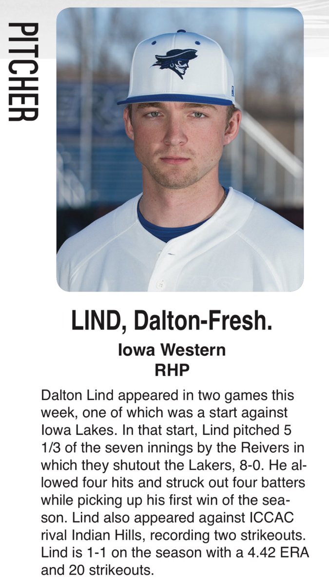 reiverbaseball's tweet photo. Congrats to freshman @dalton_lind on @ICCACSports pitcher of the week #Together #Team43 https://t.co/SoKmTrT5VC