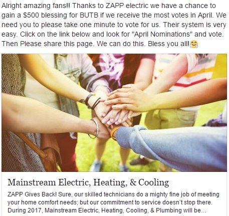 BUTB_SpokaneWA's tweet photo. https://t.co/fPk3vt0AKL @zappElectric Please take a couple seconds to vote for us! #butb #volunteermonth #nonprofit #Humble #spreadtheword https://t.co/04cRJNqcWZ