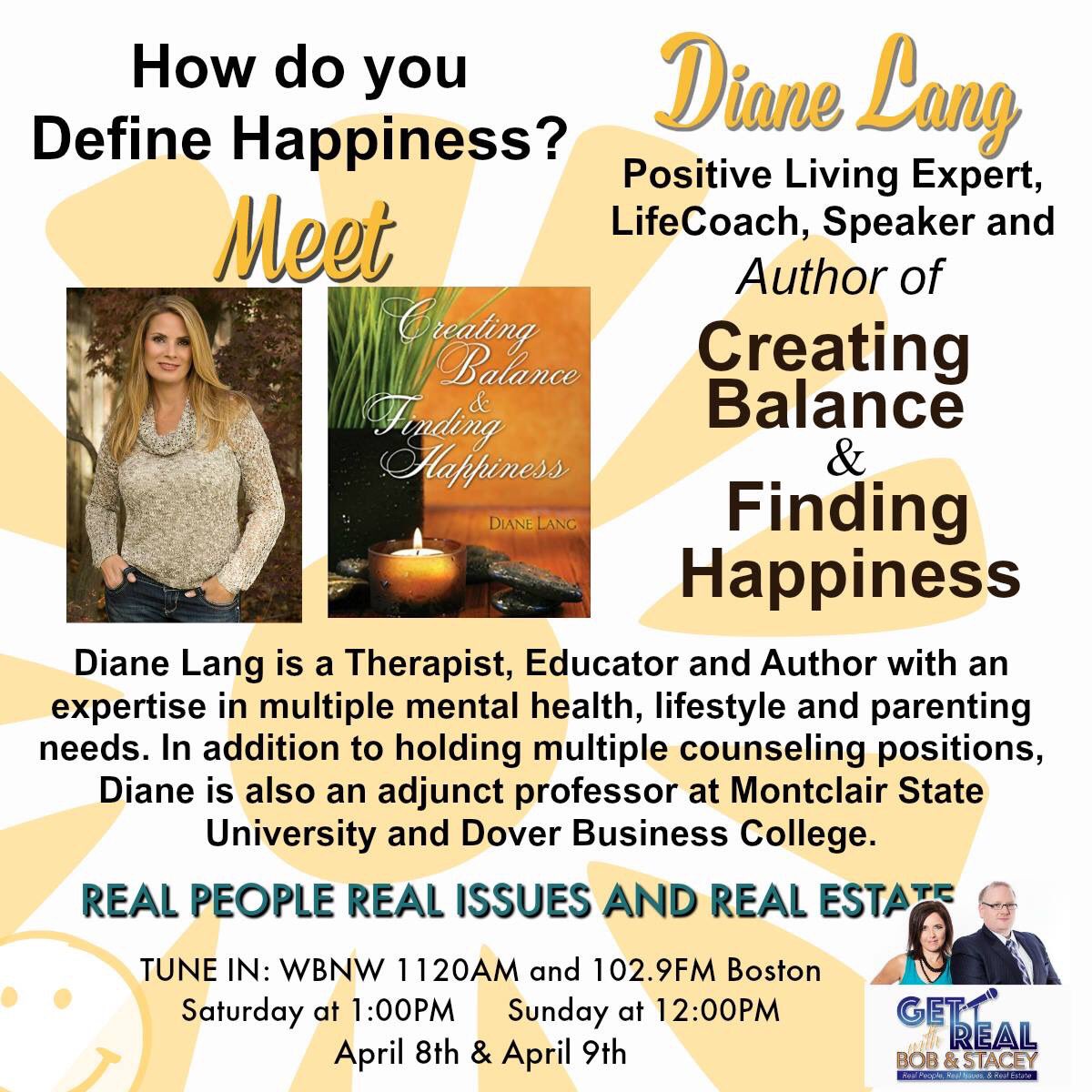 RossMortgageCo's tweet image. What's THE #1 factor of happiness?
We asked #DianeLang @dlcounseling @getrealwithbns
Sat &amp;amp; Sun Apr 8-9
#GetRealWithBNS #FindingHappiness