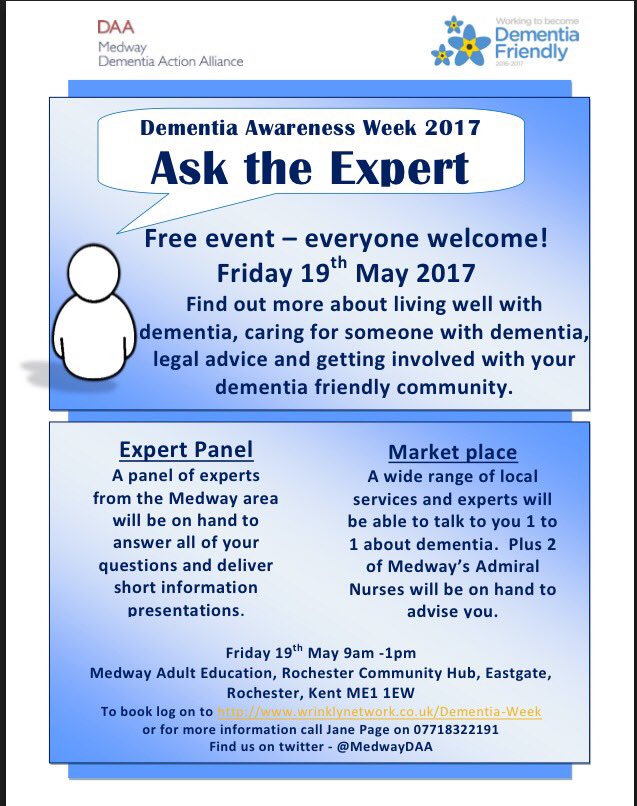 You are invited to our #DementiaAwarenessWeek event #AskTheExpert on 19th May in #Rochester. Book via <a href="/Wrinklynet/">The Wrinkly Network</a> wrinklynetwork.co.uk/event-2516466/…