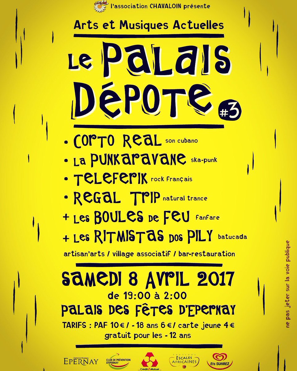 Rdv samedi: #festival #PalaisDepote des #chavaloin à <a href="/villeepernay/">Ville d'Epernay</a>  avec <a href="/MusicTeleferik/">Teleferik</a> <a href="/lapunkaravane/">La Punkaravane</a> <a href="/BoulesdeFeu/">Les Boules de Feu</a> #cortoreal #regaltrip