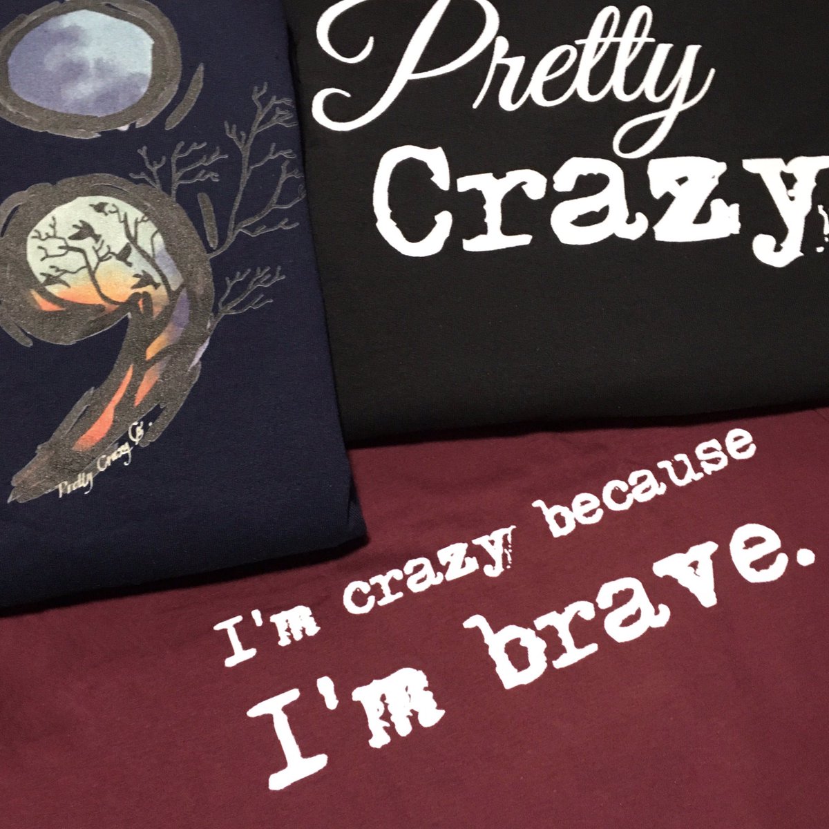 PrettyCrazyCo's tweet photo. 😍@PrettyCrazyCo #StigmaFree tees hot off the presses &amp; ready to ship! 🛒 Let's #TakeBackCrazy 4 #OneBraveNight! https://t.co/G4xQFuIruq #camh https://t.co/kyVaOJKQmF