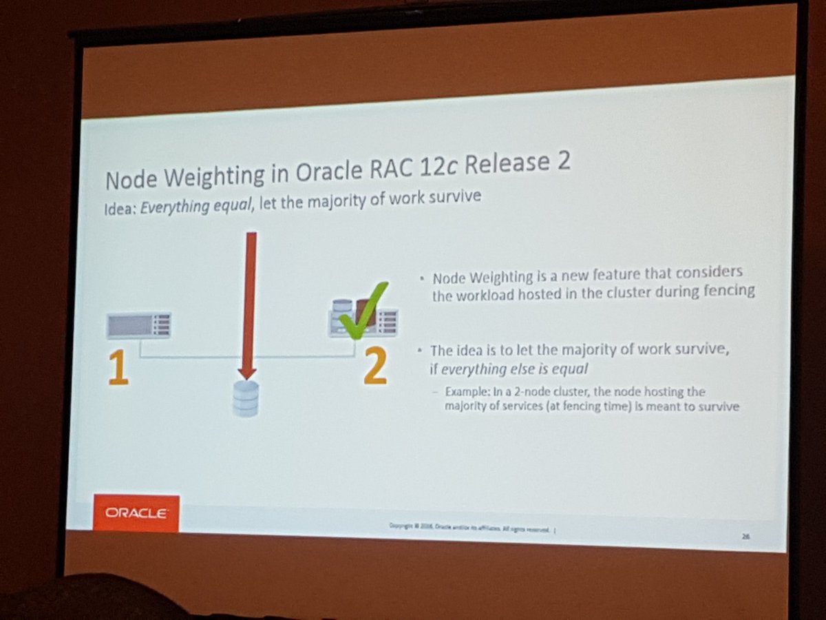 MartinKlierDBA's tweet image. #Oracle #RAC #Clusterware - Node Weighting #Feature = Majority of workload (=services) survives - says @OracleRACpm #C17LV @IOUG