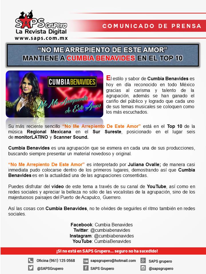 SAPSGrupero's tweet photo. "No Me Arrepiento De Este Amor" mantiene a @cumbiabenavides  en #Top10 
https://t.co/lLa3AJmOln https://t.co/PENXd4HE3U