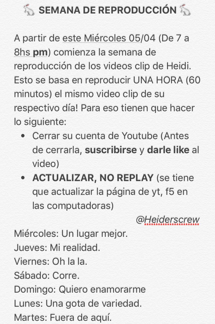 Heiderscrew's tweet photo. MAÑANA comienza la "Semana de reproducción"
Necesitamos mayor difusión posible! Abajo los links de los videos 👇
#HeidiBienvenidaACasa !✌️ https://t.co/SGp4PaAL4K