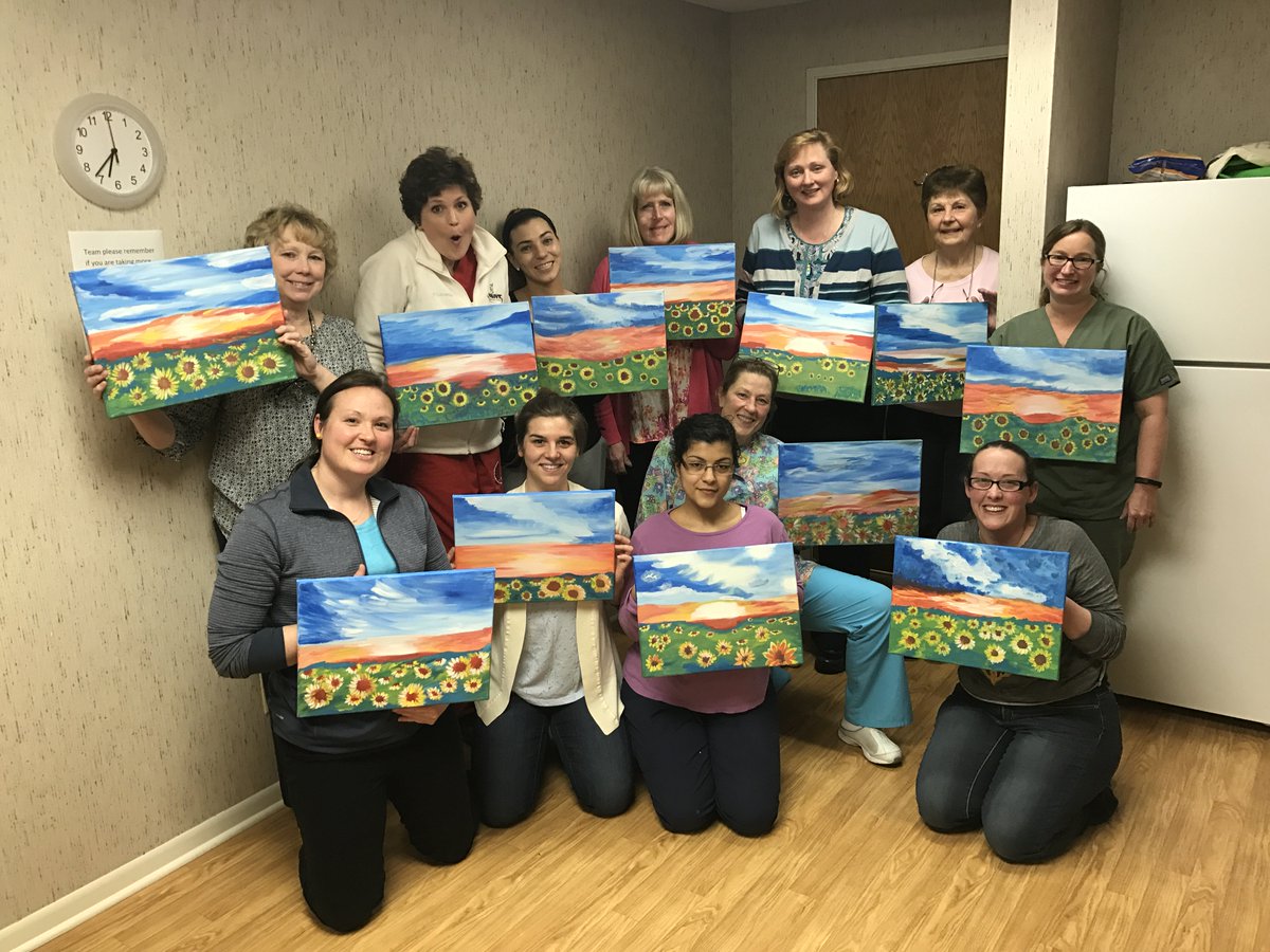 PaintNightWI's tweet photo. Wow what a fun staff from Community Dental Clinic!  We had a blast and the paintings turned out wonderful! Nice work. #paintnightwi https://t.co/WBIBuyAO4b