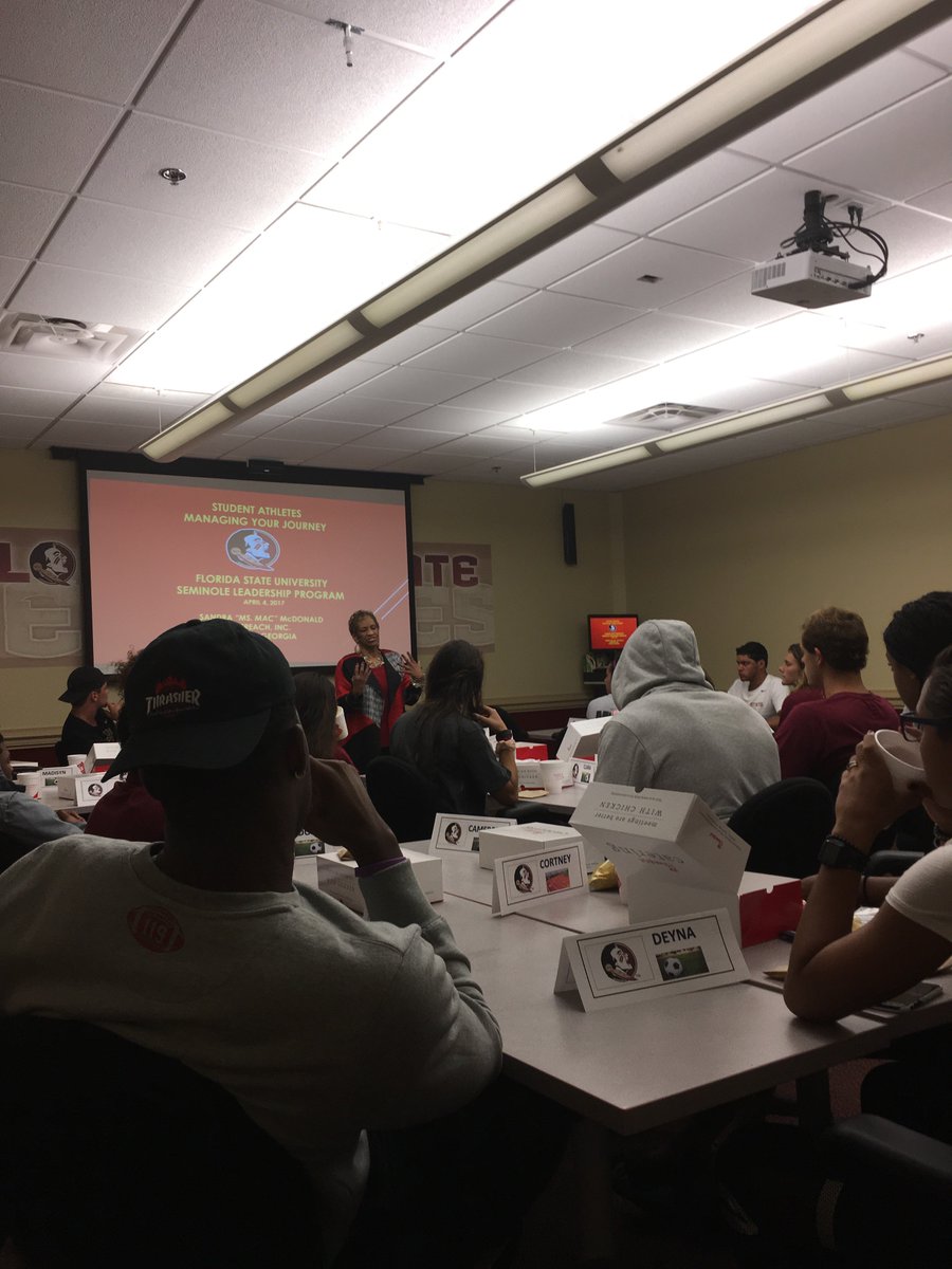 FSUSAAS's tweet photo. Ms. Mac Is Back! She's here tonight to talk about student athlete identity, healthy relationships and relationship habits. #NoleNuggets https://t.co/wramculZ5U