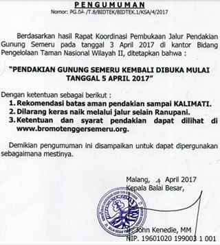 PendakiJakarta's tweet photo. #InfoJalurPendakian #Semeru 
Jalur Pendakian Gn.Semeru dibuka kembali tgl 5April2017.
Batas Pendakian smp Kalimati https://t.co/BxeMVkkZir