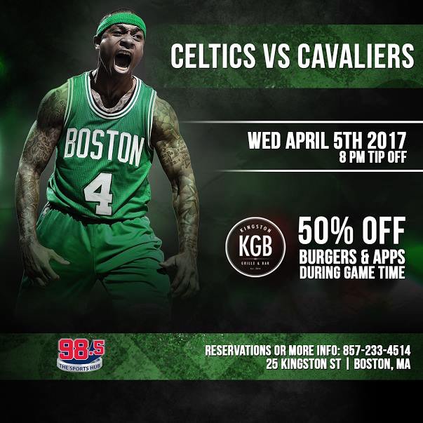 TOMORROW enjoy 50% off burgers &amp; appetizers while watching the Celtics CRUSH the Cavaliers! #kgb #kgbboston #boston #celticsnation #celtics