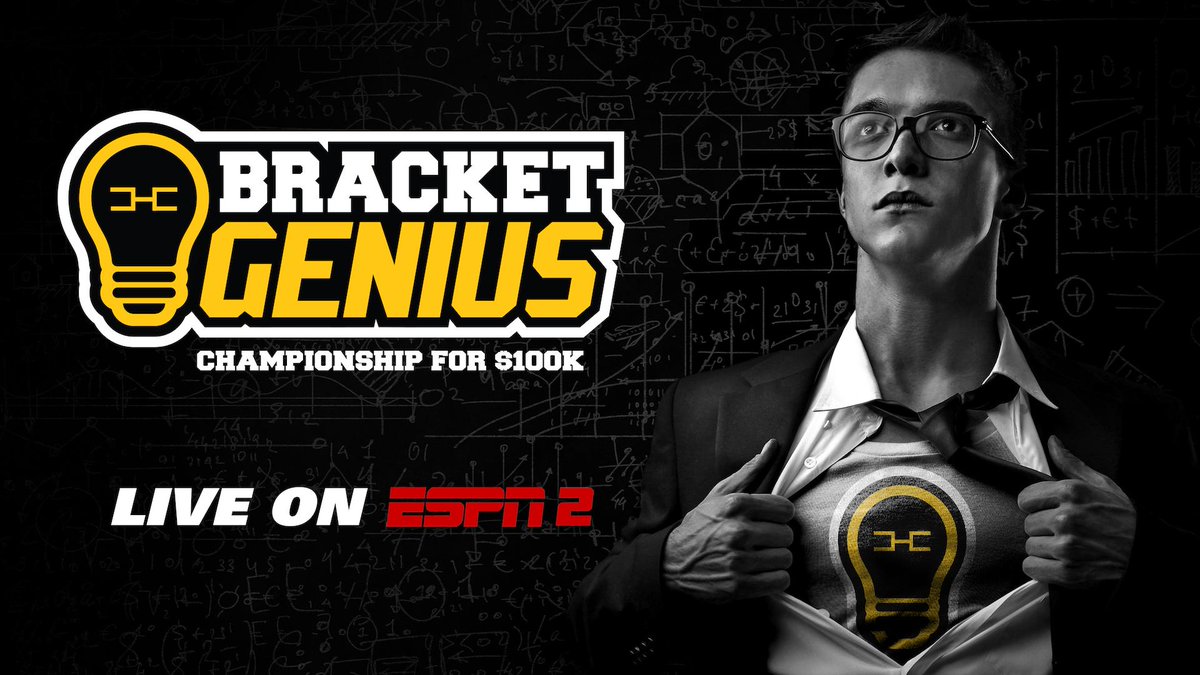 BracketGenius_'s tweet photo. The time is NOW! Tune in to ESPN2 to see who brings home the $100K and title of #BracketGenius! https://t.co/ECGEERxmya