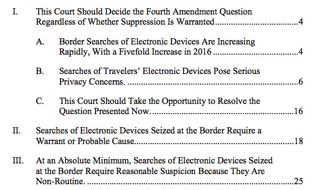 OrinKerr's tweet photo. Computer border searches should require warrant or probable cause, ACLU argues in pending CA4 case, US v. Kolsuz. https://t.co/elFhqBYmD7 https://t.co/lx7doE5CWX