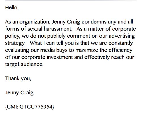 DebiSaylor's tweet image. I wrote to JENNY CRAIG - HERE IS THEIR ANSWER....about boycotting FOX and O'Reilly. #boycottFOX #boycottOReilly #lameresponse #JennyCraig