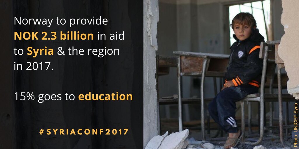 NorwayMFA's tweet image. Norway will contribute NOK 2.3 billion in support to #Syria &amp;amp;region in 2017 – FM @borgebrende at #SyriaConf2017 , co-hosted by Norway.