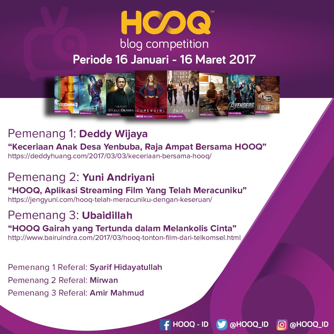 Hhhaaiiii.,,para pemenang #hooqtimeanytime sudah ada nih.selamat ya buat mereka yang menang yang belum menang bisa ikutan lomba berikutnya..