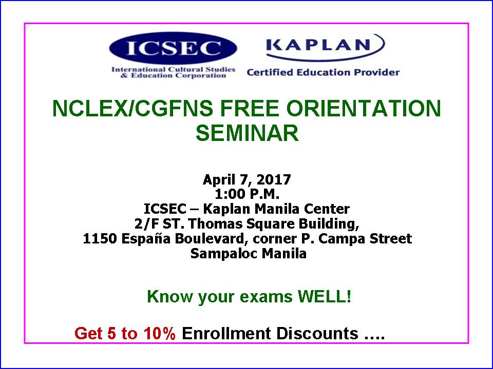 KAPLANCERTIFIED's tweet photo. FREE NCLEX/CGFNS ORIENTATION SEMINAR-APR 7, 1PM. BRING YOUR FRIENDS. ENJOY DISCOUNTS. CONFIRM ATTENDANCE THRU 09175622891; 2515095; 7357715 https://t.co/BZXmQz1zX9