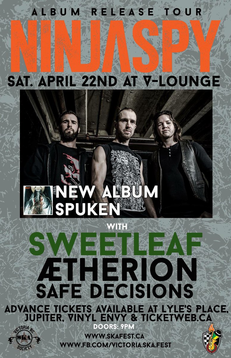 Victoriaskafest's tweet image. Just announced: @ninjaspy, @sweetleafmusic, #ætherion, #safedecisions. Metal/ska/hardcore/reggae. Come throw the skank down.