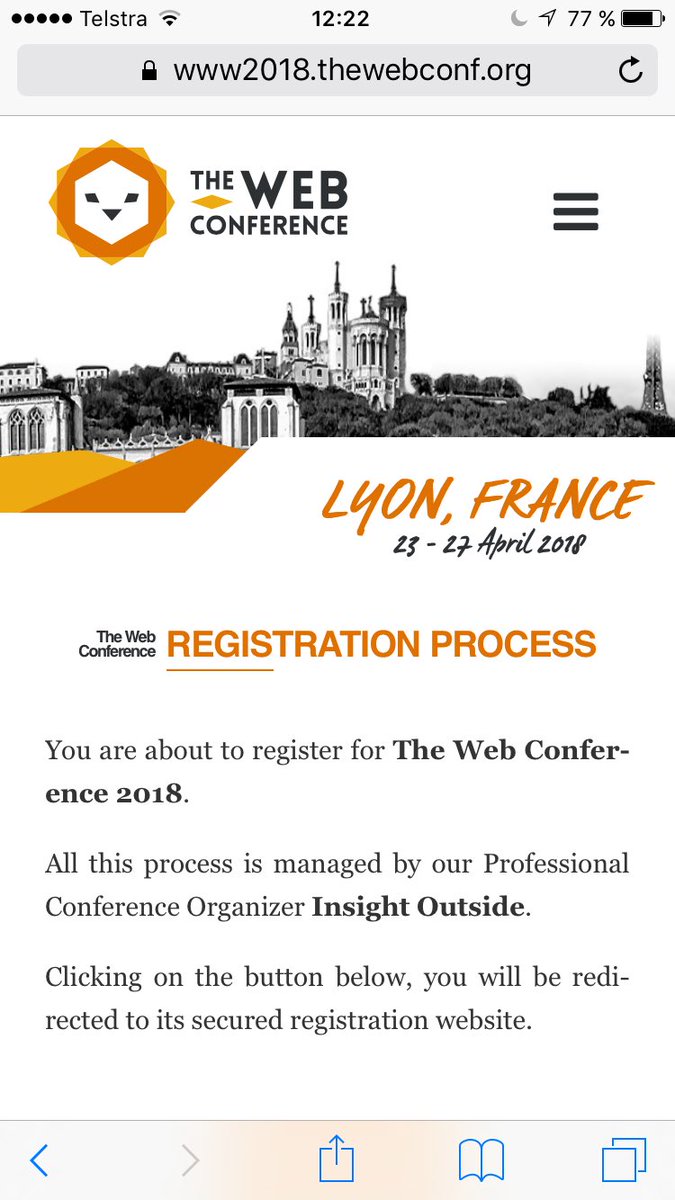 TheWebConf's tweet photo. Registration to @TheWebConf #www2018 are now open https://t.co/gdsgCphe7Z you can also register on our booth, we'll give you a 🦁 https://t.co/sUjzhadKPQ