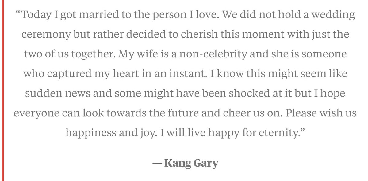 Koreaboo's tweet photo. [★BREAKING] Kang Gary Announces He Got Married Today 
Read His Message ➜ https://t.co/Ro8BiJ1i6L https://t.co/e7IBteslu7
