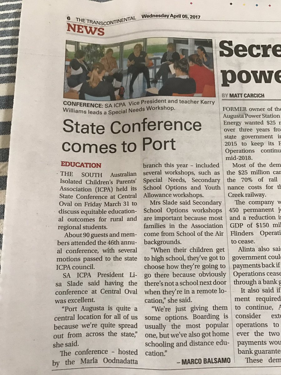 Article in today's <a href="/Trans_PtAugusta/">The Transcontinental</a> about State Conference. #distanceed #SOTA #ruralschools <a href="/RowanRamseyMP/">Rowan Ramsey</a> @susan_close <a href="/ICPAFed/">ICPA Federal Council</a> @DECD_SA