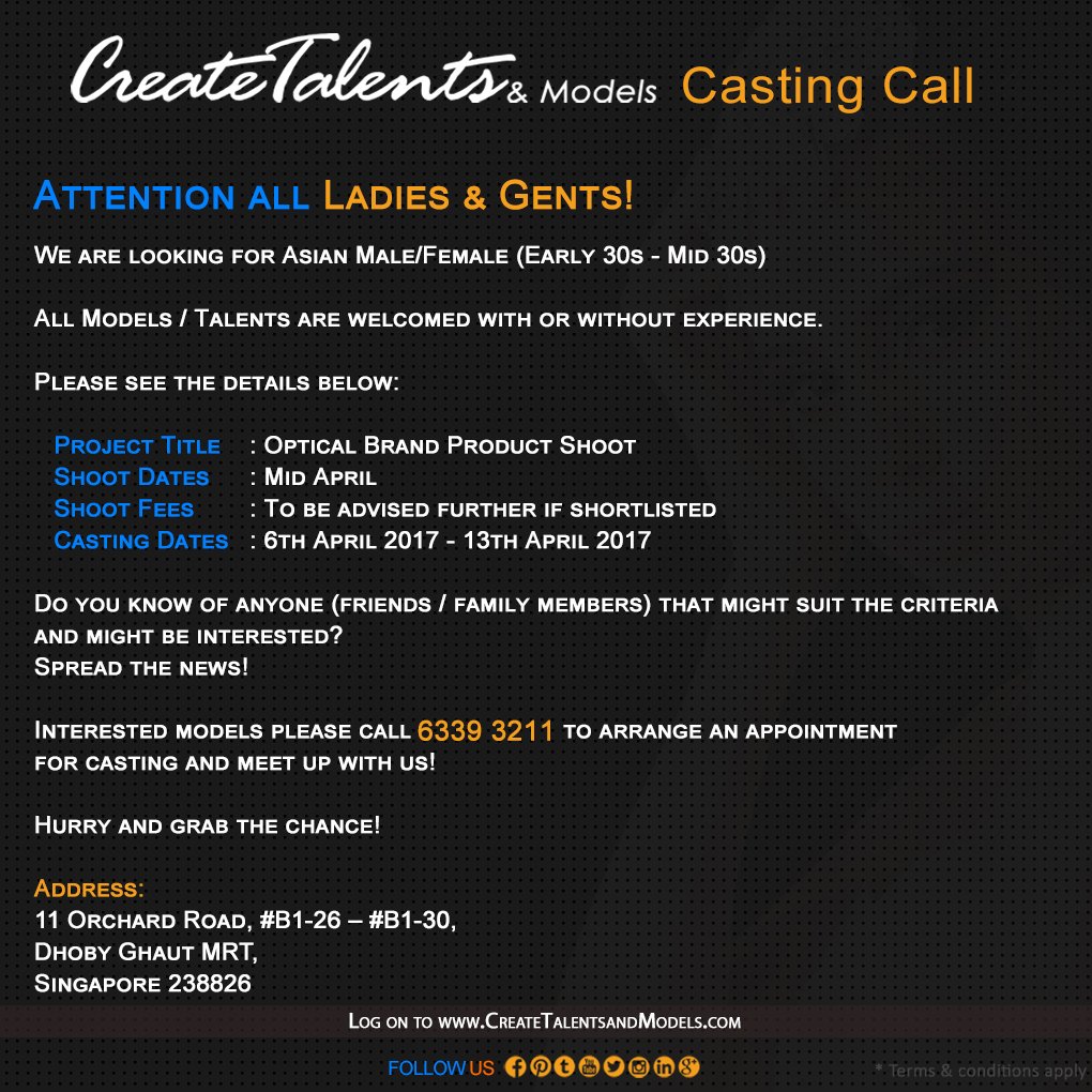 Create_Talents's tweet photo. We are looking for #Asian #Male/#Female (Early 30s - Mid 30s) for #Optical #Brand #Product #Shoot

#Castingcall #casting #modeling #models https://t.co/0F9cf4MTEQ
