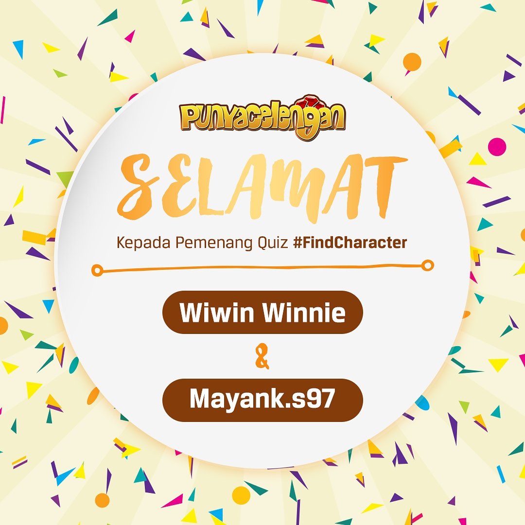punyacelengan's tweet photo. Selamat untuk para pemenang Quiz #FindCharacter punyacelengan.
Silahkan kirim data diri lengkap Anda ke inbox kami. https://t.co/aJU0en617J