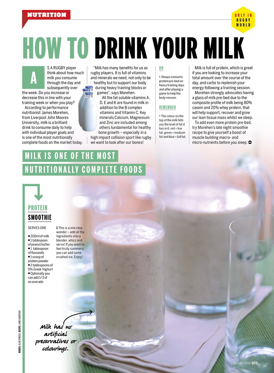James_Morehen's tweet photo. MILK
One of the best nutritionally beneficial fluids to consume
Packed with protein, cheap, accessible &amp; great in smoothies
@Rugbyworldmag https://t.co/CXsdoyXFLQ