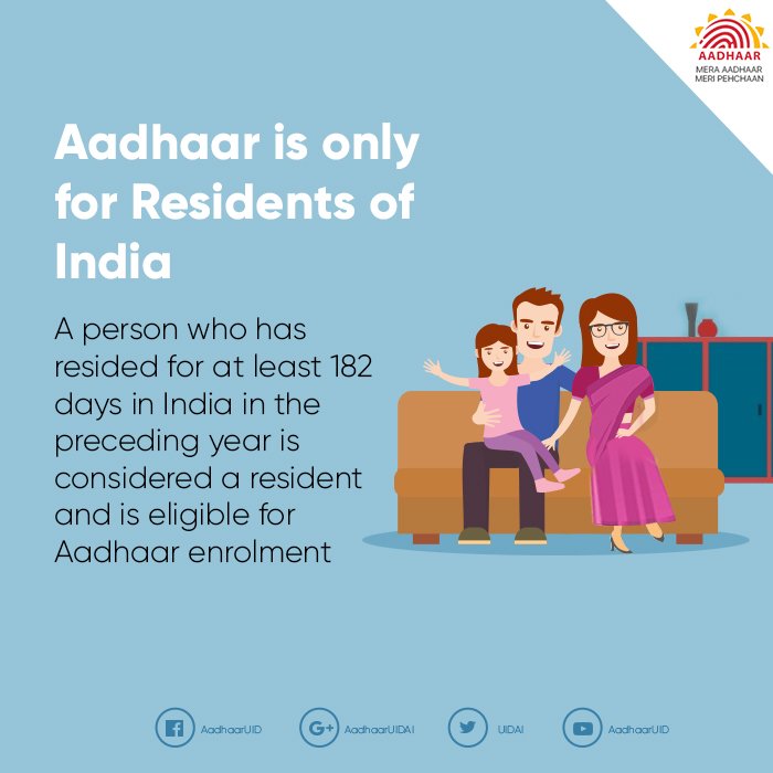 UIDAI's tweet photo. NRIs are not entitled to apply for Aadhaar. Acc. to Sec 3.1 of the Aadhaar Act'16 only a resident shall be entitled to obtain Aadhaar no. https://t.co/eKcNqTlEoq