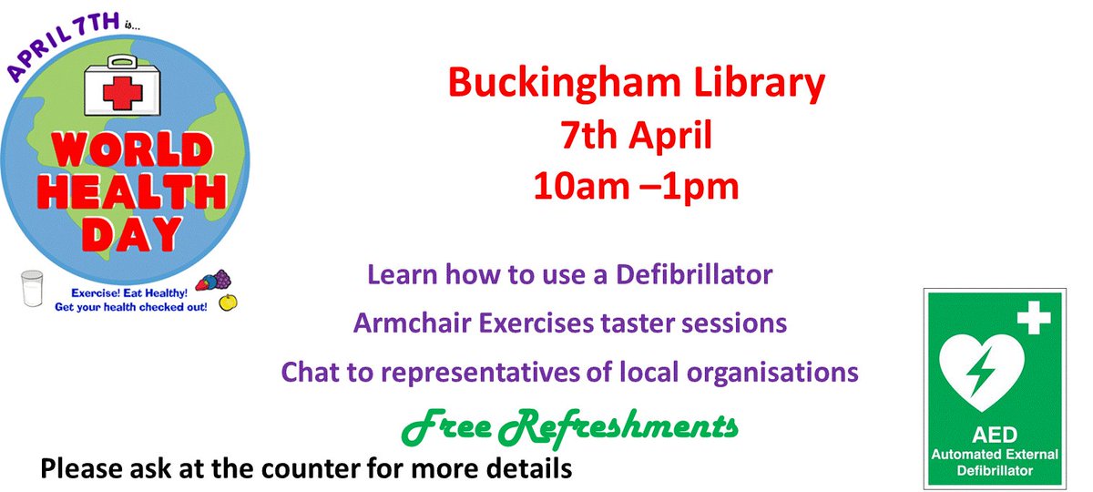 Bucks_Libraries's tweet image. Learn how to use a defibrillator,armchair exercises,chat to representatives of local services #BuckinghamLibrary Fri 7th April 10am-1pm.PG