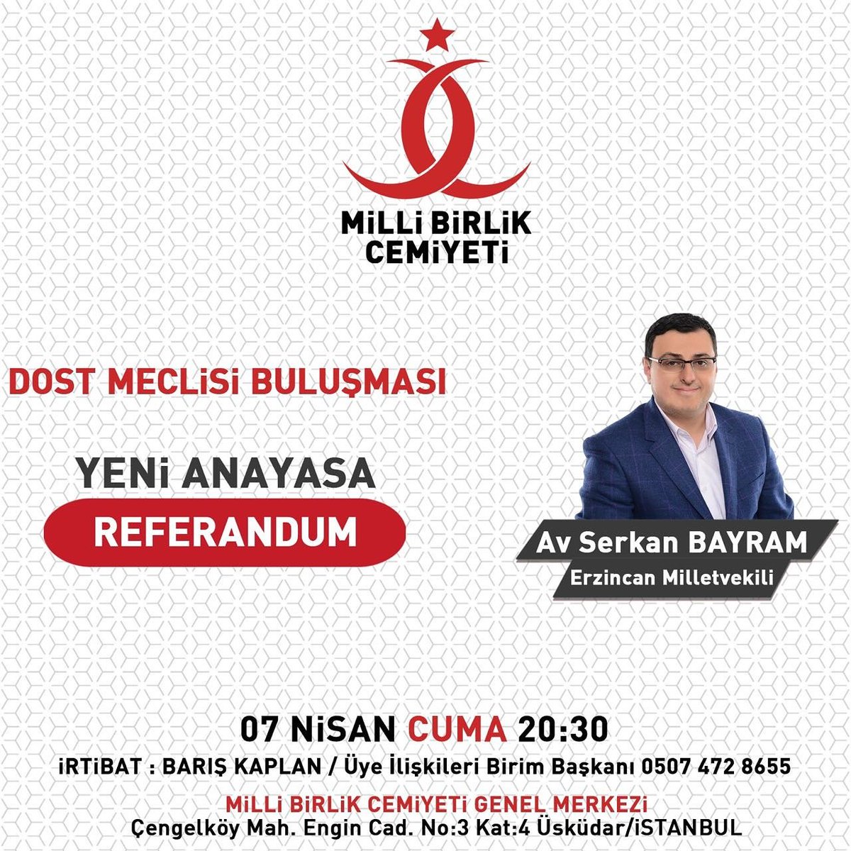 Dost Meclisi Buluşmamızın bu haftaki konusu Referandum sohbeti olacaktır.
Konuğumuz ise Erzincan Milletvekilimiz Sayın Av. Serkan Bayram