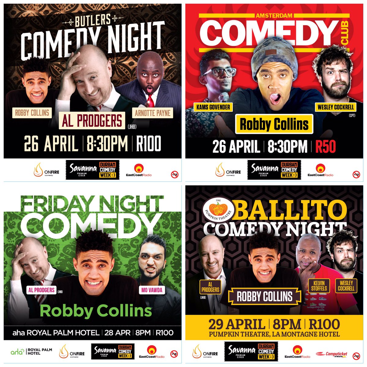 OnFireComedy's tweet photo. Your #SavannaDurbanComedyWeek April Lineup 🔥🔥🔥🔥 - Get your tickets now!! https://t.co/PwCHhJYZ38