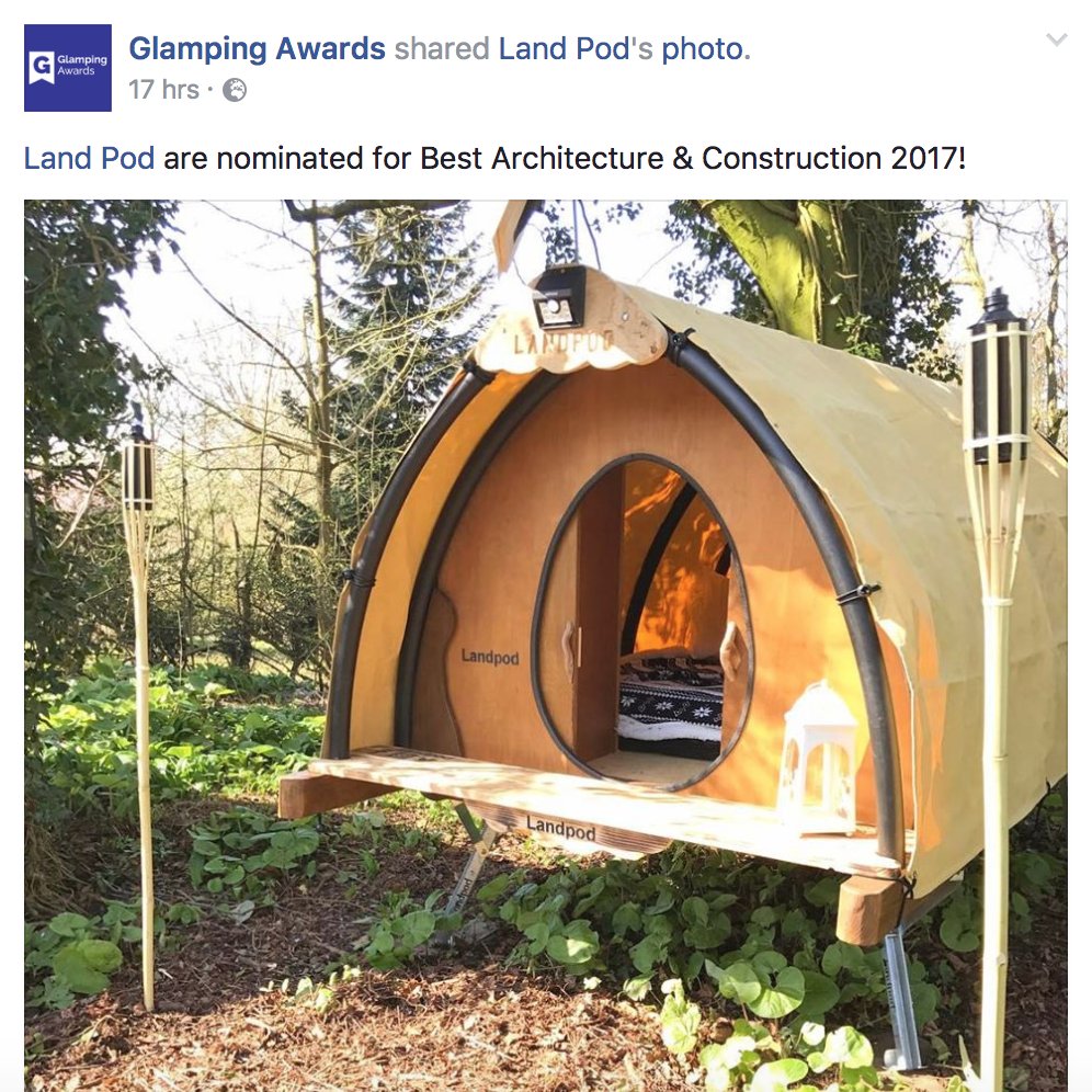 Exciting NEWS today! We have been nominated for Best Architecture and Construction at the <a href="/GlampingAwards/">Glamping Awards</a> 2017.
glampingawards.com/member/landpod