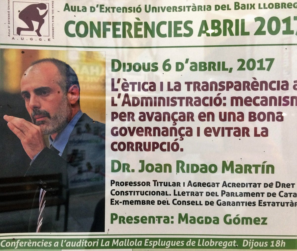 AlbertComelles's tweet photo. Molt oportuna la conferència de demà: "Ética i transparència a l'administració" d'en Joan Ridao a la Residència La Mallola #AUGGE #Esplugues https://t.co/j6xhuIh7tX