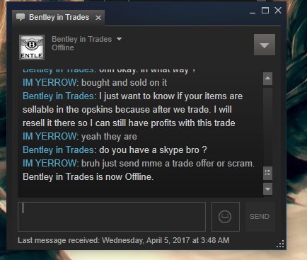 ltsjustSnow's tweet photo. guess he wasnt as interested when he knew i wasnt falling for his same #csgoscam #csgoskins #scammergotthehammer https://t.co/dzARJCdZV0