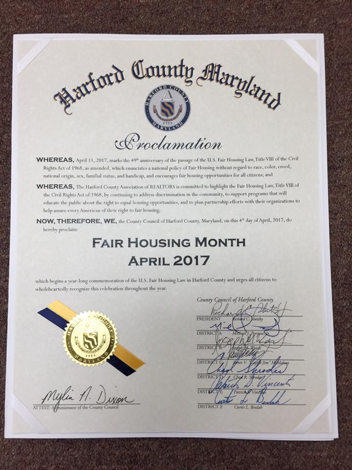 HarfordREALTORS's tweet photo. The 2017 Harford Council Fair Housing Month Proclamation
#nodiscrimination #useaREALTOR #fairhousing https://t.co/J4FNJ1pJAi