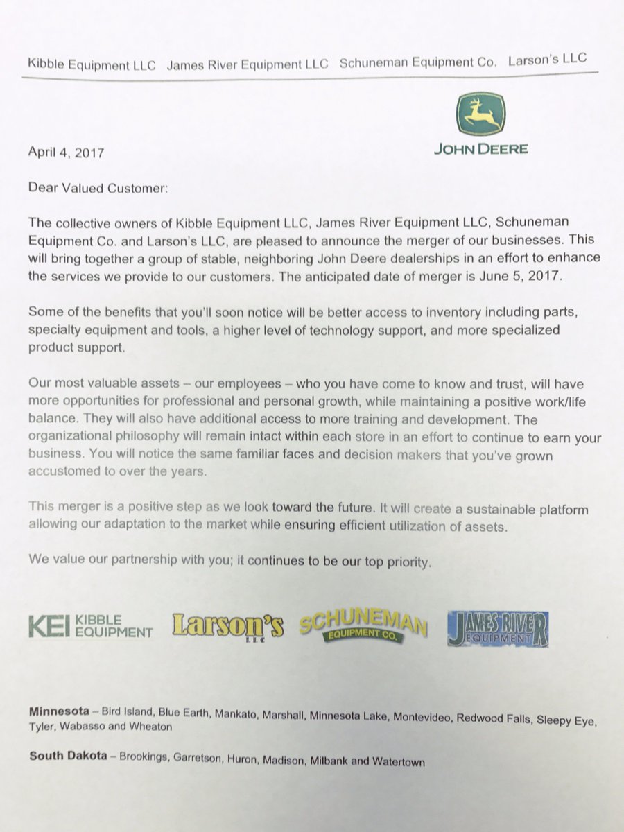 SchunemanEquip's tweet photo. We, along w/ @KibbleEquipment, James River Equip, &amp; Larson's are excited to announce the merger of our businesses: https://t.co/8qfL6RvOAS https://t.co/kKzvjjjuJR